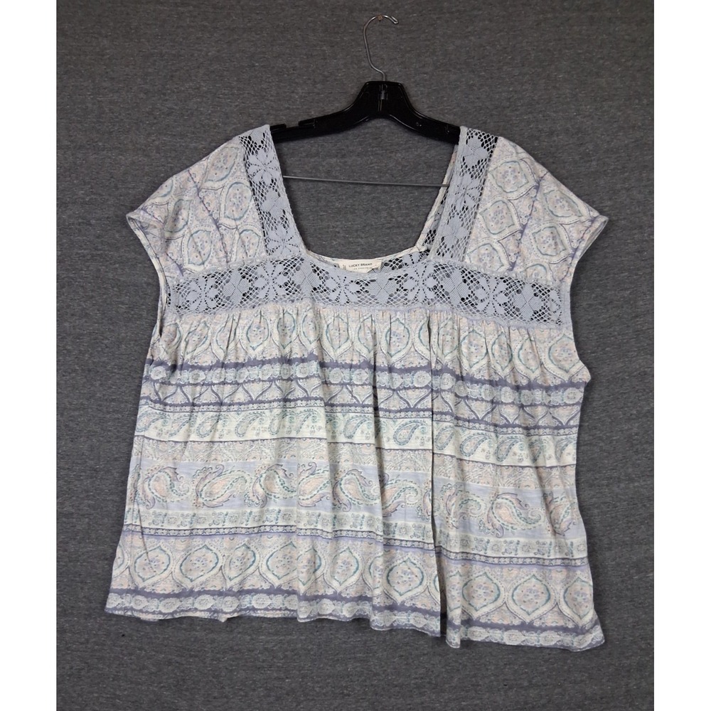 Lucky Brand Womens Shirt Large Blue Paisley Crochet Western Country Cottage
